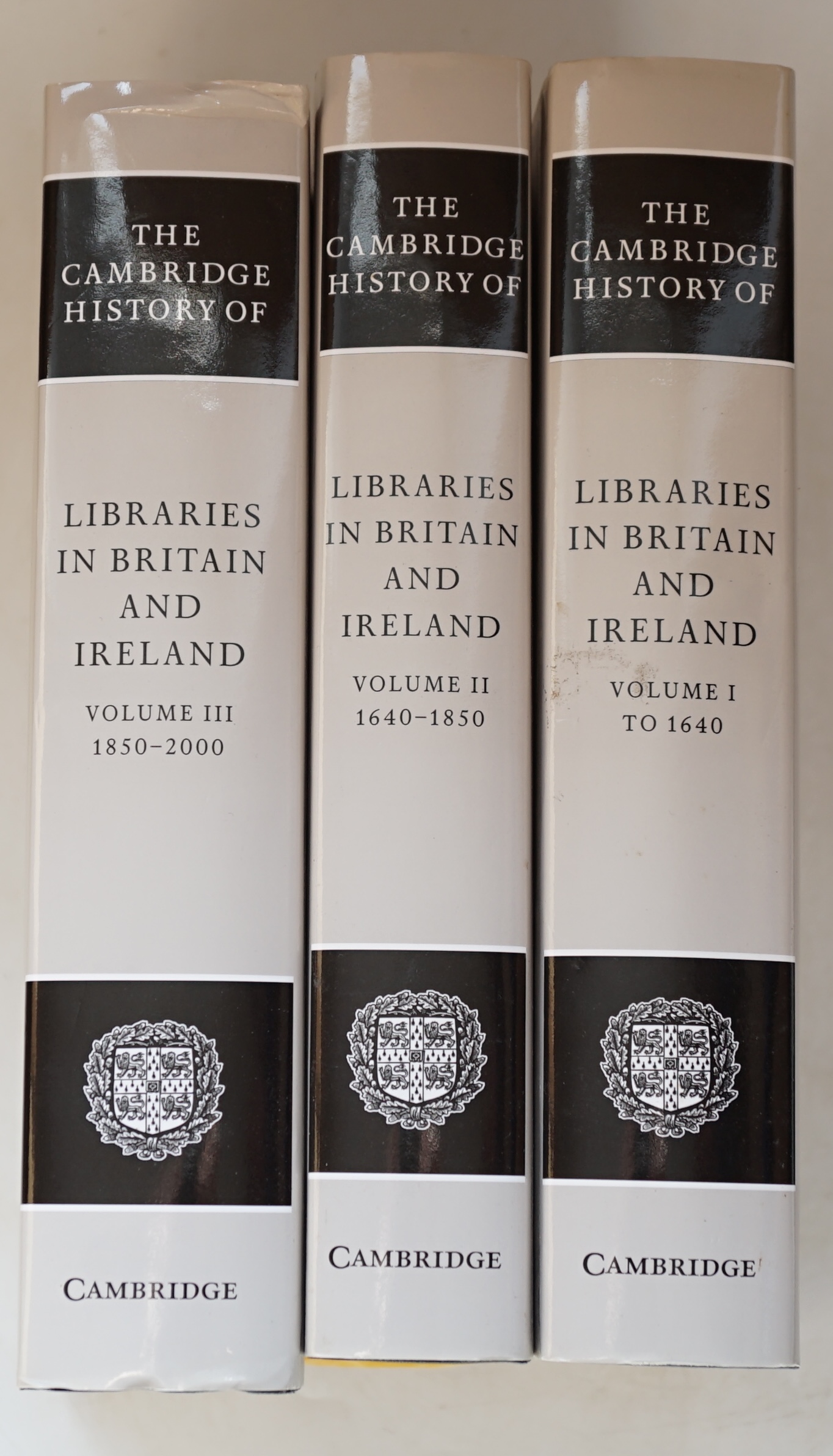 Leedham-Green, Elisabeth & Webber, Teresa, and others (editors) - The Cambridge History of Libraries in Britain and Ireland, 3 vols., 8vo, original cloth in d/j’s, nick to top right of d/j spine to vol. 3, Cambridge Univ
